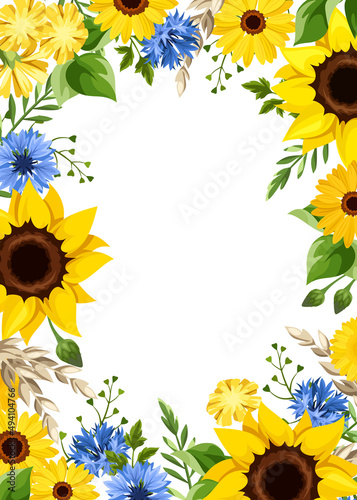 Greeting or invitation card with blue and yellow sunflowers, cornflowers, dandelion flowers, ears of wheat, and green leaves. Vector card design