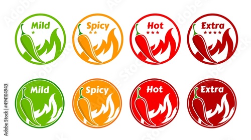 Fotografia Spicy level labels with fire flames, chilli peppers and rating stars