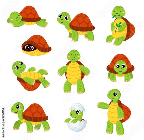 Cartoon turtle characters. Cute tortoise animal vector smiling personages set. Sleeping, eating leaves, hiding in shell funny turtle kids, funny tortoise newborn, baby reptile in egg