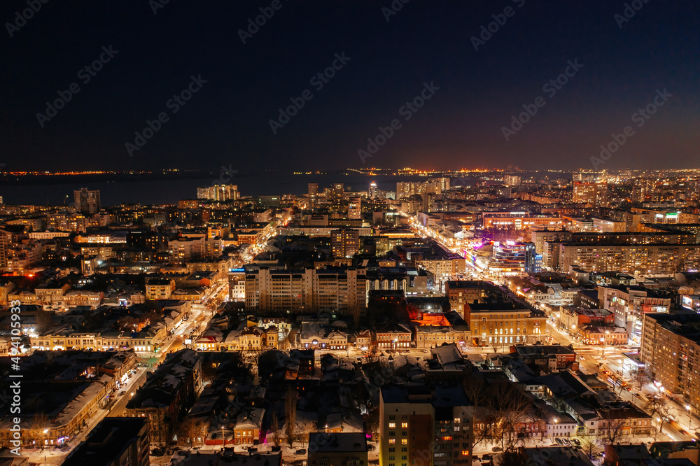 Aerial view of Saratov in winter night