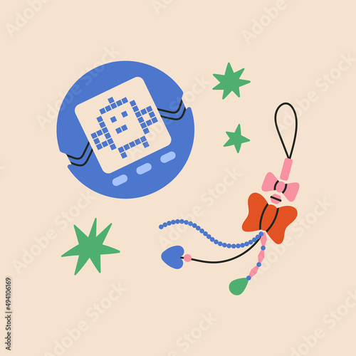 Poster with retro game and a trinket made of beads. Cute and stylish attributes from 90s. Games and beading. Hand drawn vector illustration. Vintage electronics and hobbies concept.