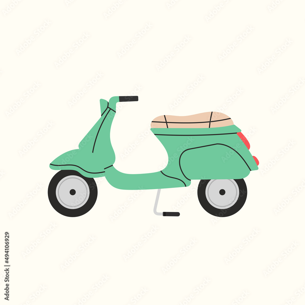 Stylish vintage scooter. Transport in the city, Italian style. Can be used  in postcard or print design, as social media publication, background etc.  Colorful vector illustration. Stock Vector | Adobe Stock