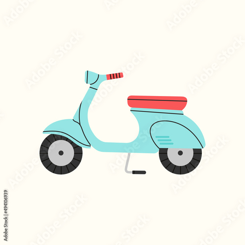 Stylish vintage scooter. Transport in the city, Italian style. Can be used in postcard or print design, as social media publication, background etc. Colorful vector illustration.