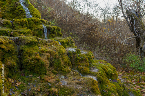 Natural spring with mineral drinking water in the wild with stones overgrown with moss. Background or backdrop photo