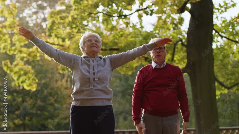 Senior Caucasian couple doing exercises together in the park happy retirement healthy lifestyle concept selective focus medium shot . High quality 4k footage Senior Caucasian couple doing exercises together in the park happy retirement healthy lifestyle concept selective focus medium shot . High quality 4k footage