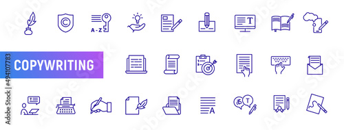 Writer pen line icon set. Write hand blog or book feather article design. Letter stroke note symbol set photo