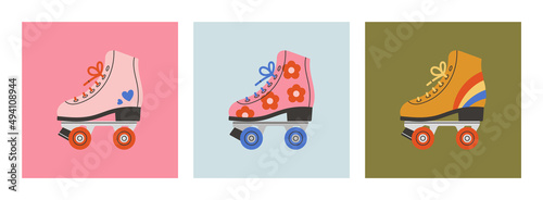 Set of posters with roller skates. Shoes with cute prints of rainbow, hearts and flowers. Sport and disco. Retro fashion style from 80s. Vector illustrations in trendy colors. Hand drawn style. 