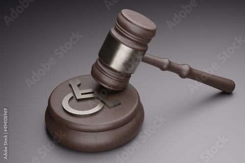 Disabled symbol and judge gavel on gray background. Law for disabled people rights concept. 3d illustration photo