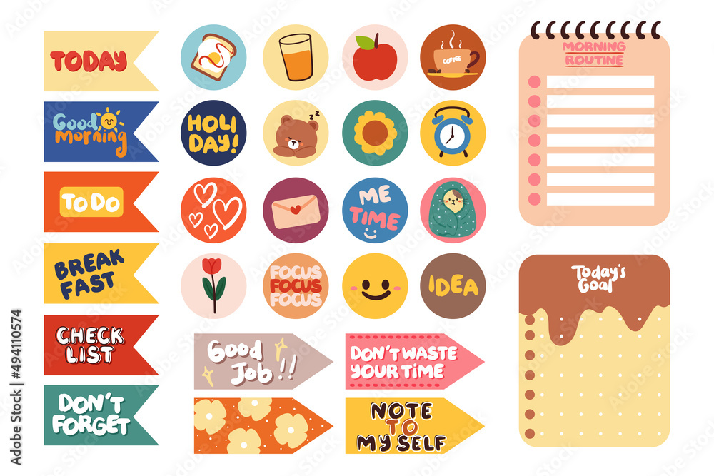cute planner stickers, note, tape, for student note, scrapbook and diary  Stock Vector