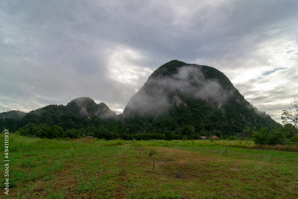 Limestone hills in morning cloud