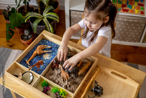 Montessori material. Toddler girl explores wild animals through play.