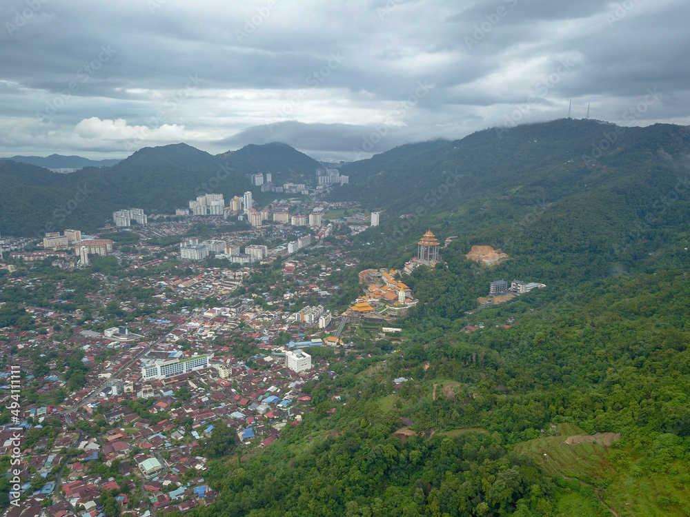 Aerial view small town Ayer Itam at Penang