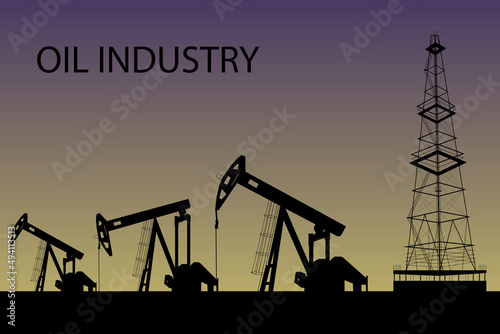 Silhouette of oil or gas drilling rigs on a sunset background. Oil industry. Vector illustration