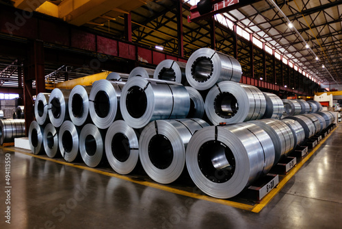 Rolls of galvanized steel sheet inside the factory or warehouse photo