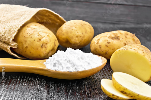 Starch potato in spoon on black board