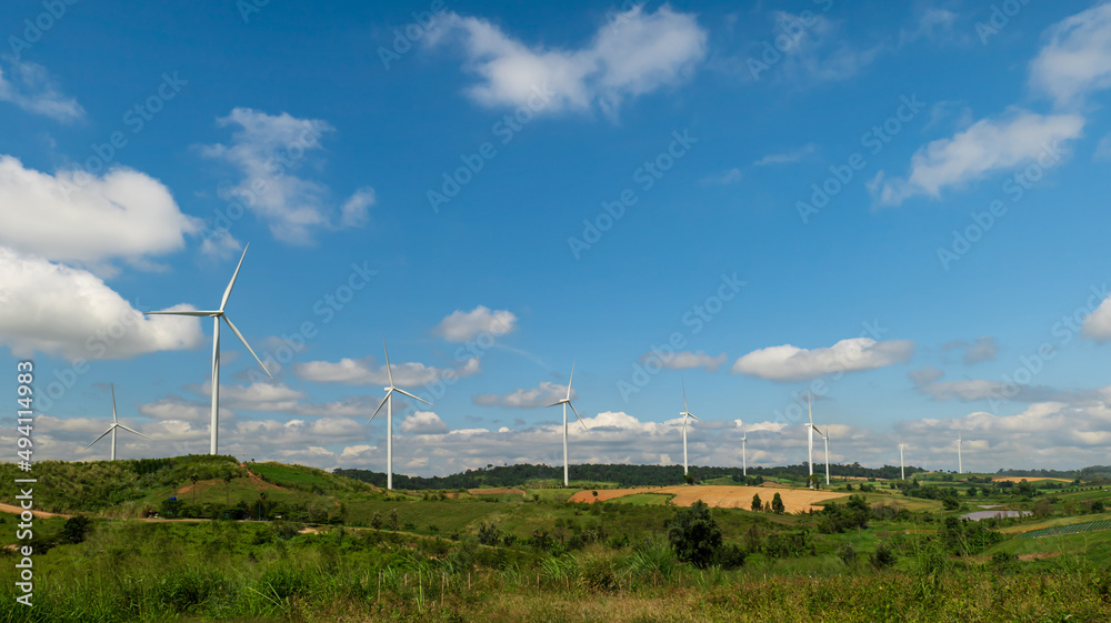 wind turbine field on mountain with blue sky background. renewable energy wind turbine field on mountain with blue sky background. renewable energy
