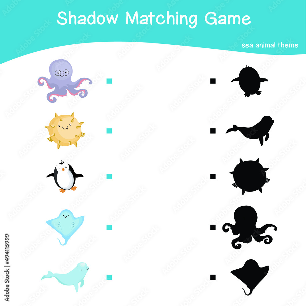 Sea animals matching shadow game for Preschool Children. Educational printable worksheet. Matching the images with the shadow worksheet. Motoric movements.