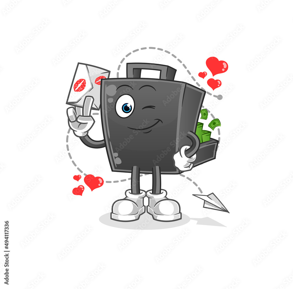 money briefcase hold love letter illustration. character vector
