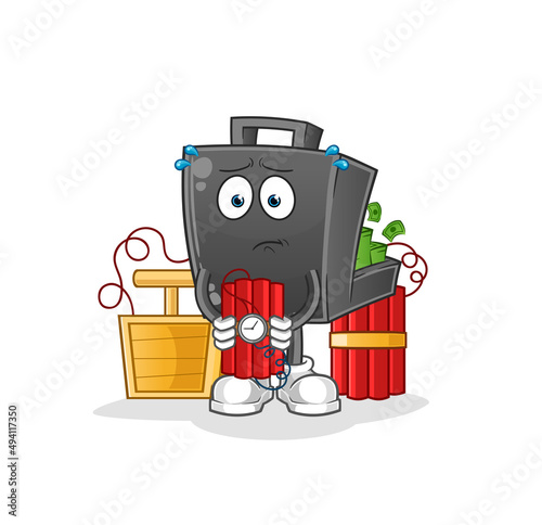 money briefcase holding dynamite character. cartoon mascot vector
