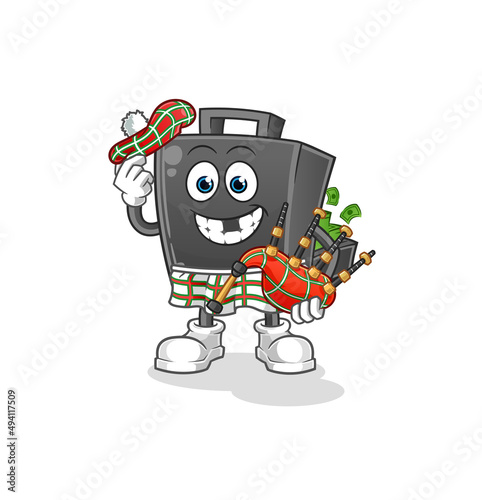 money briefcase scottish with bagpipes vector. cartoon character