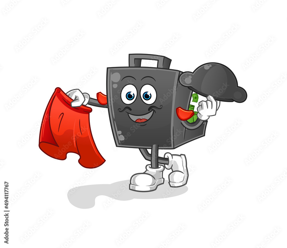 money briefcase matador with red cloth illustration. character vector