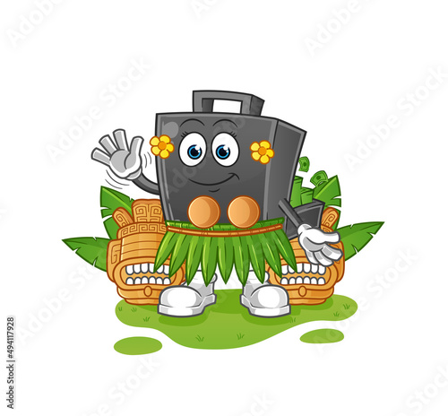 money briefcase hawaiian waving character. cartoon mascot vector