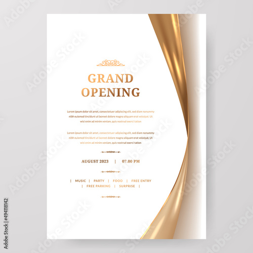 Luxury elegant grand opening poster template with golden shiny satin fabric element photo