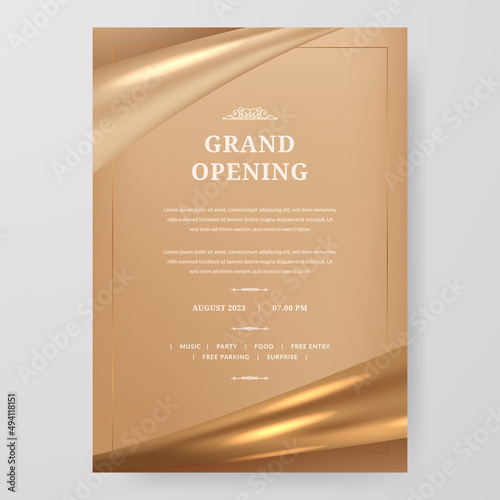 Luxury elegant grand opening poster template with frame golden shiny satin fabric element with golden background