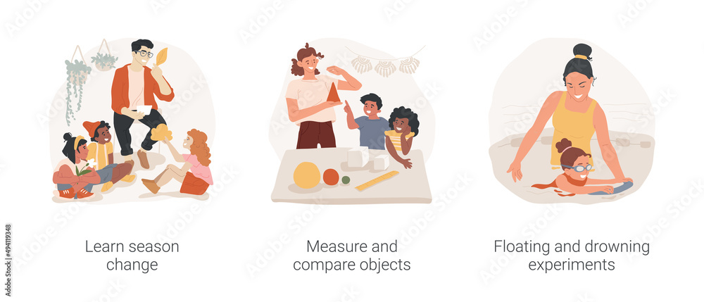 Thinking skills development isolated cartoon vector illustration set. Learn season change, measure and compare objects, floating and drowning experiments, daycare preschool learning vector cartoon.