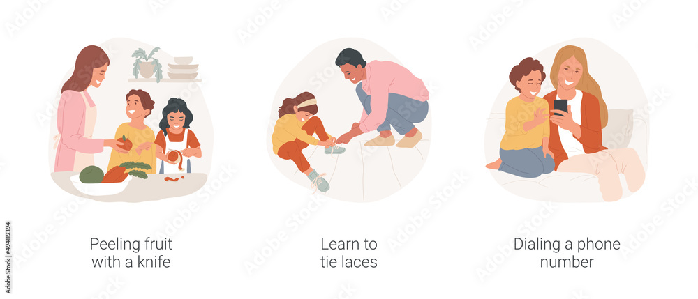 Fototapeta premium Self-care kindergarten exercise isolated cartoon vector illustration set. Peeling fruit with a knife, learn to tie laces, dialing a phone number, getting dressed, early education vector cartoon.