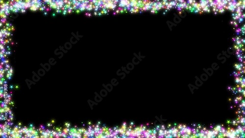 Colorful rectangular frame with light effect of small star shape gathered on black background with copy space. Video animated background.