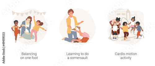 Physical exercise in kindergarten isolated cartoon vector illustration set. Balancing on one foot, learning to do a somersault, cardio motion activity, preschool fitness education vector cartoon.