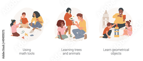 Mental skills development isolated cartoon vector illustration set. Using math tools, learning trees and animals, learn geometrical objects, daycare center, children in kindergarten vector cartoon. © Vector Juice