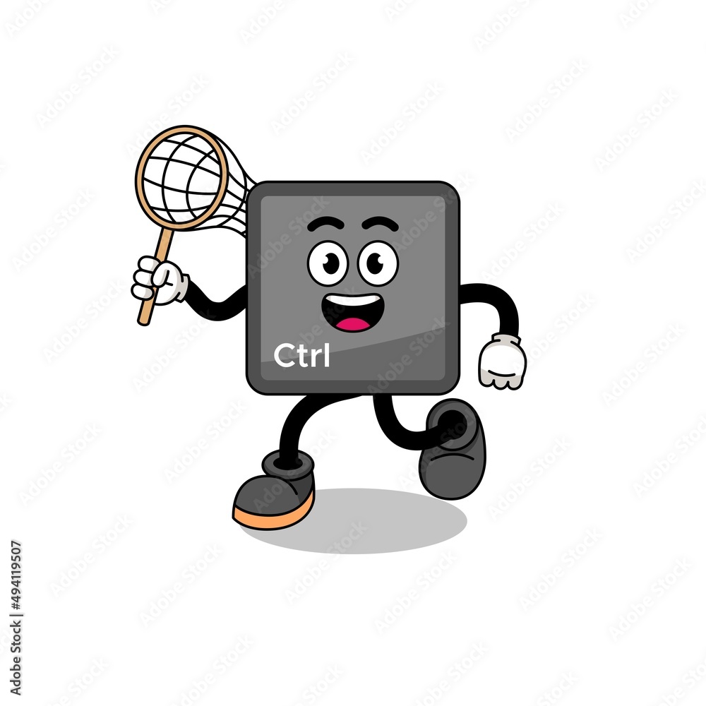 Cartoon of keyboard control button catching a butterfly Cartoon of keyboard control button catching a butterfly