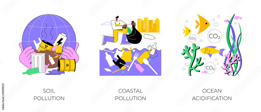Environmental change abstract concept vector illustration set. Soil and coastal plastic pollution, ocean acidification, agricultural chemicals, water contamination, microplastic abstract metaphor.