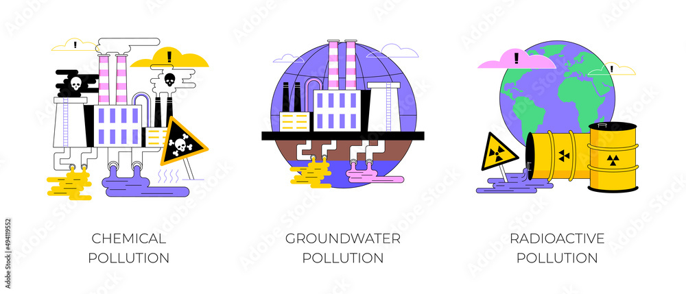 Land contamination abstract concept vector illustration set. Chemical groundwater pollution, radioactive hazardous waste, dangerous and toxic trash, environmental problem abstract metaphor. Land contamination abstract concept vector illustration set. Chemical groundwater pollution, radioactive hazardous waste, dangerous and toxic trash, environmental problem abstract metaphor.