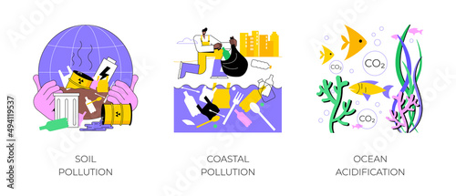 Environmental change abstract concept vector illustration set. Soil and coastal plastic pollution  ocean acidification  agricultural chemicals  water contamination  microplastic abstract metaphor.