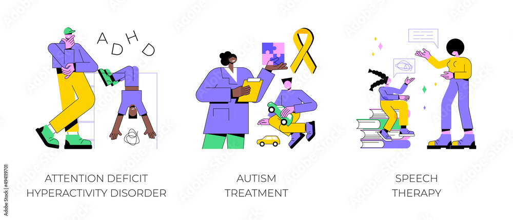 Children development issues abstract concept vector illustration set. Attention deficit hyperactivity disorder, autism treatment, speech therapy, hyperactivity, cognitive disability abstract metaphor. - obrazy, fototapety, plakaty 
