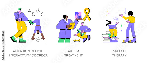 Children development issues abstract concept vector illustration set. Attention deficit hyperactivity disorder, autism treatment, speech therapy, hyperactivity, cognitive disability abstract metaphor. photo