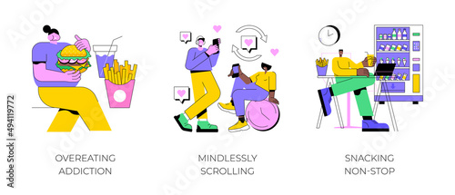 Addictive habits abstract concept vector illustration set. Overeating, mindlessly scrolling, snacking non-stop, mental problem, sugar and junk food, diet and nutrition, social media abstract metaphor.
