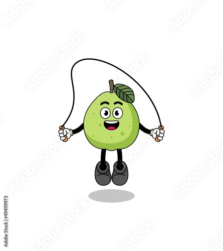 guava mascot cartoon is playing skipping rope