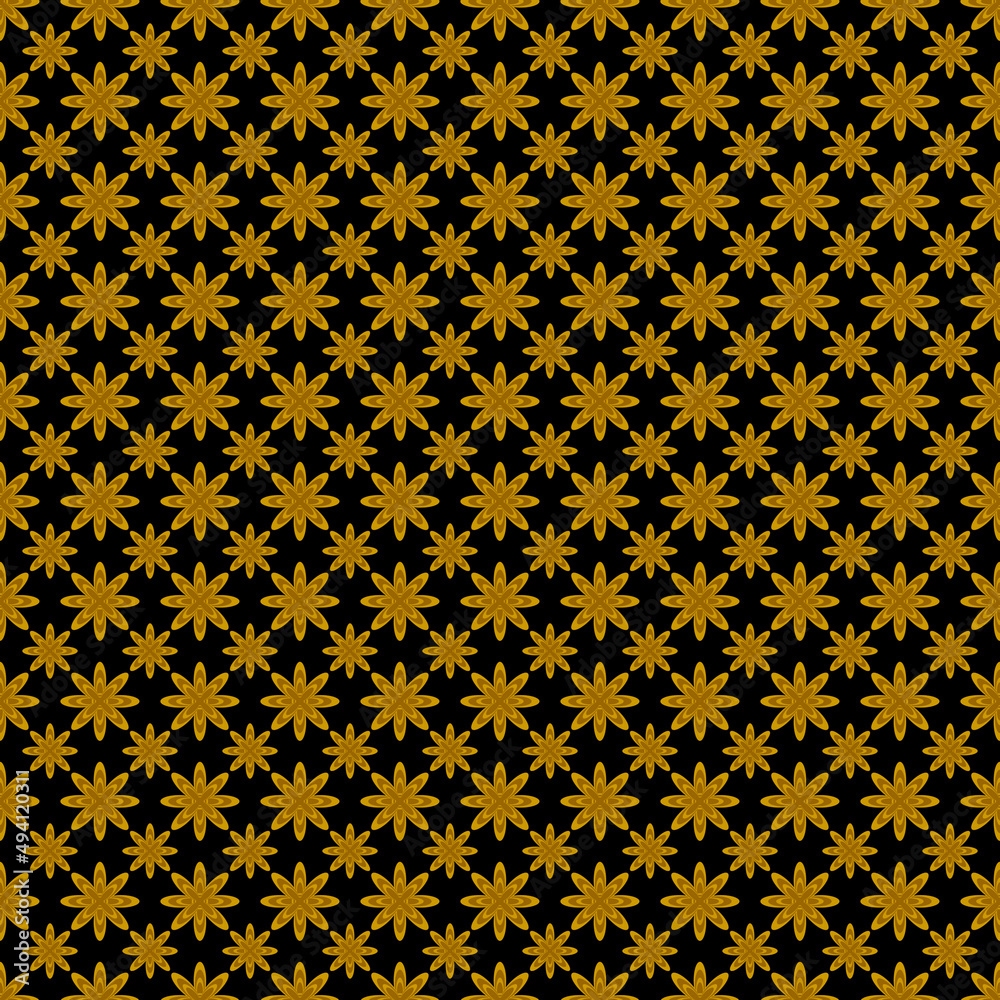 Seamless small gold floral pattern for wallpaper and beautiful retro ethnic tribal fabric pattern on a black background.
