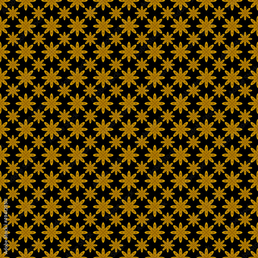 Seamless small gold floral pattern for wallpaper and beautiful retro ethnic tribal fabric pattern on a black background. Seamless small gold floral pattern for wallpaper and beautiful retro ethnic tribal fabric pattern on a black background.