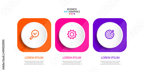 design square Timeline infographic. Business presentation, information brochure, banner, workflow layout template. 3 steps, option or levels line infographic with label. Vector illustration. Eps10