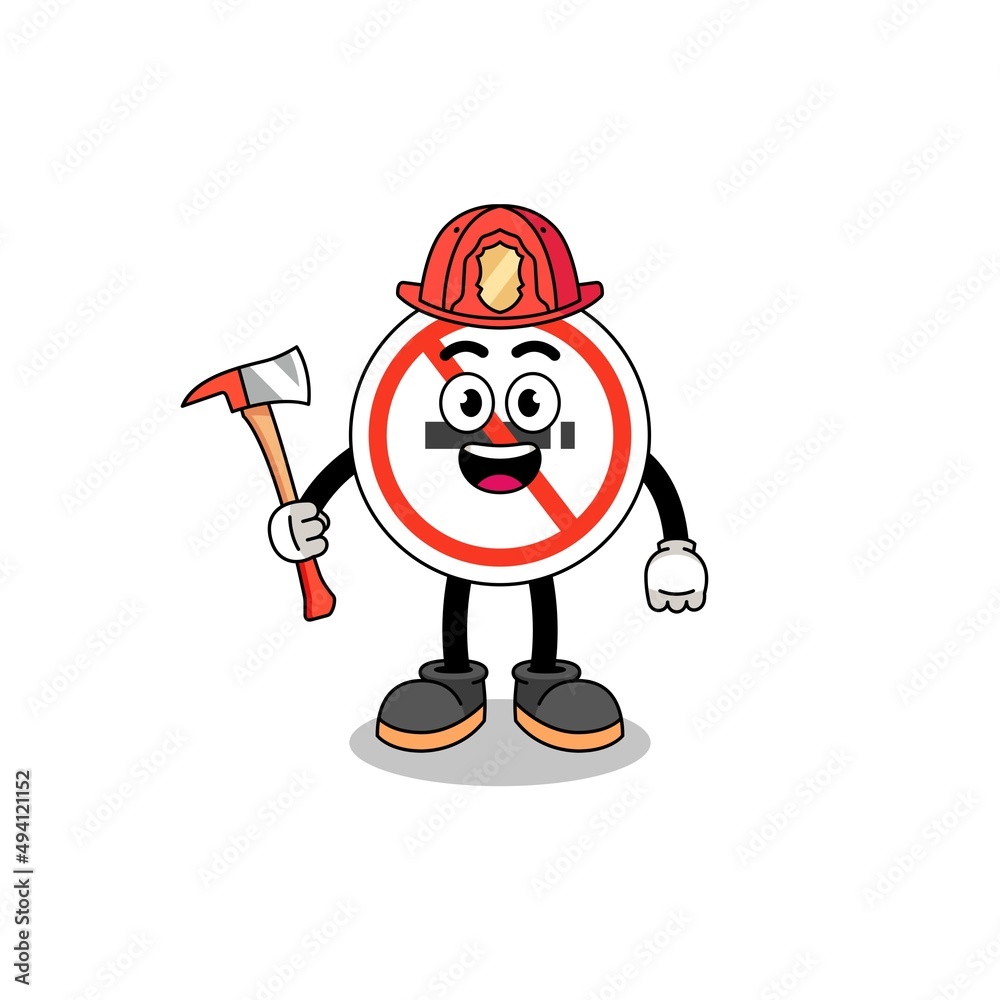 Naklejka premium Cartoon mascot of no smoking sign firefighter