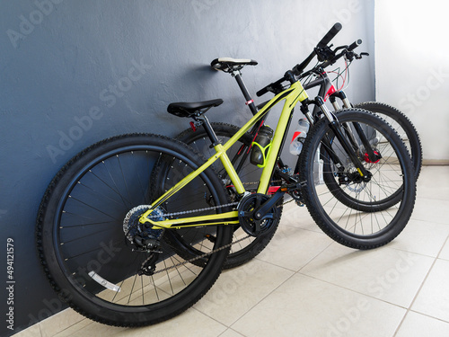 Two mountain bikes at home.