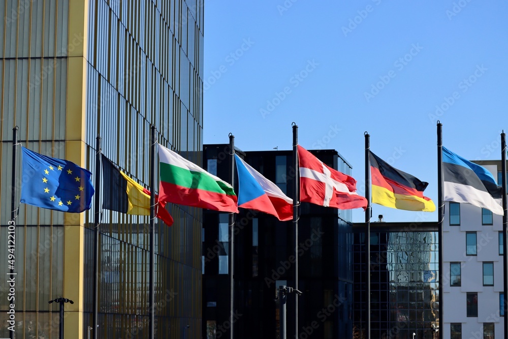Group of EU memberstate flags waving in wind Court of Justice building in Luxembourg: EU, Belgium, Bulgaria, Czech Republic, Denmark, Germany, and Estonia Group of EU memberstate flags waving in wind Court of Justice building in Luxembourg: EU, Belgium, Bulgaria, Czech Republic, Denmark, Germany, and Estonia