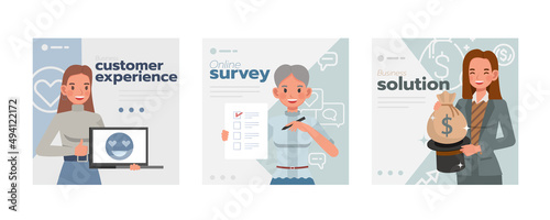 Business social media templates, customer experience, online survey and business solution concept. People character vector design presentation in various action.