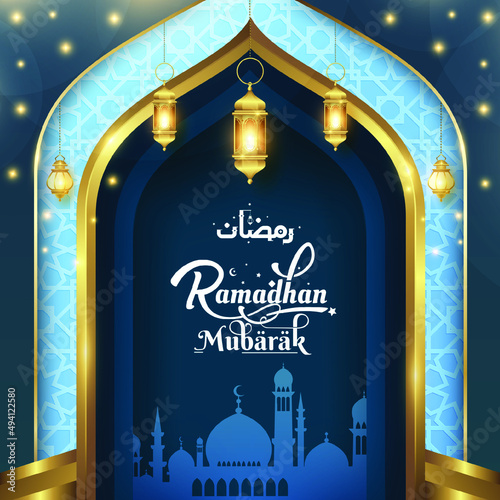 Greeting of marhaban ya ramadhan with lettering. ied Mubarak, elegant blue background Template (English: Welcome Ramadan)