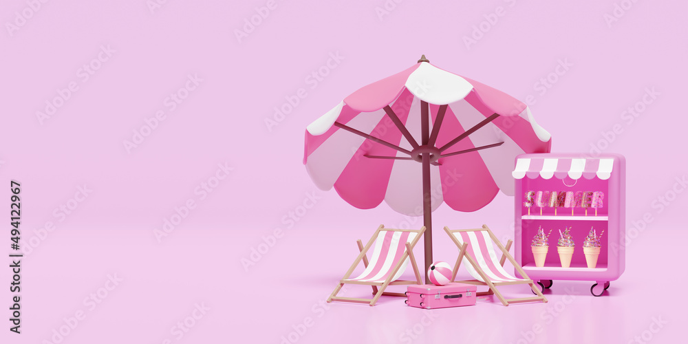 summer travel with ice cream showcases, freezer, suitcase, beach chair, umbrella, ball isolated on pink background. concept 3d illustration, 3d render